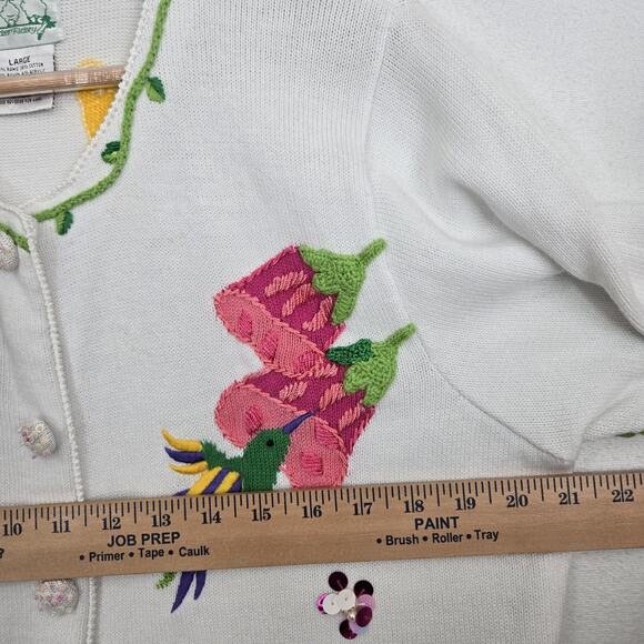 Quacker Factory Cardigan Sweater sz L White Multi Hummingbird Flowers Sequins - Picture 14 of 16